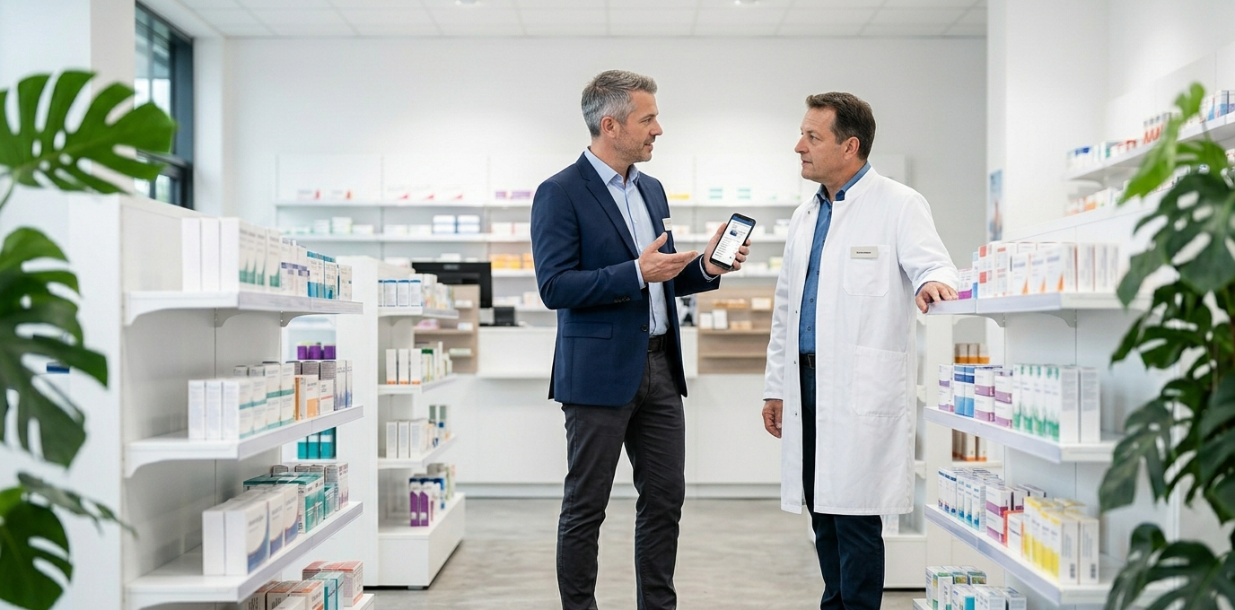 Delegado visitando farmacia o centro de salud